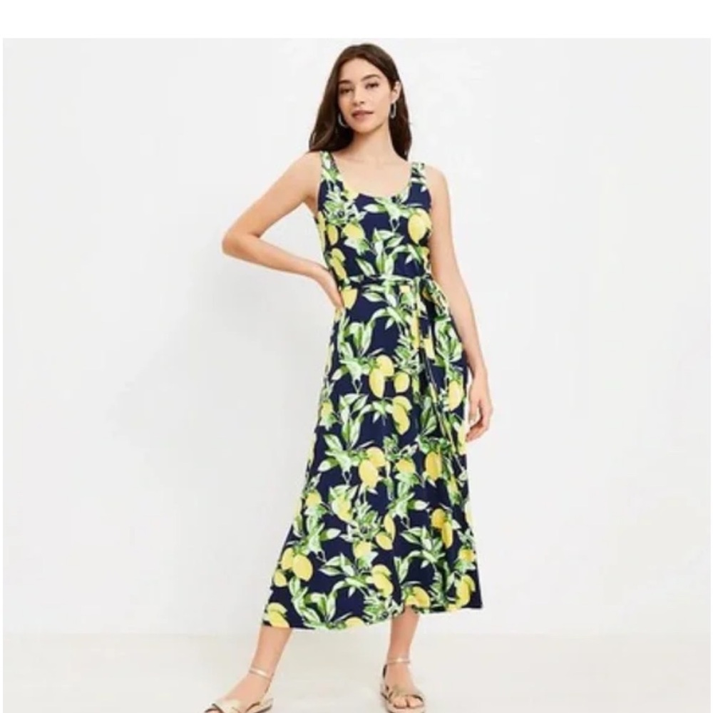 Loft Navy Blue lemons midi dress -M